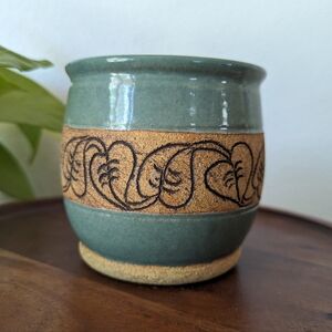 Studio Art Pottery Stoneware Handcrafted Small Green Jar Pot Etched Leaves